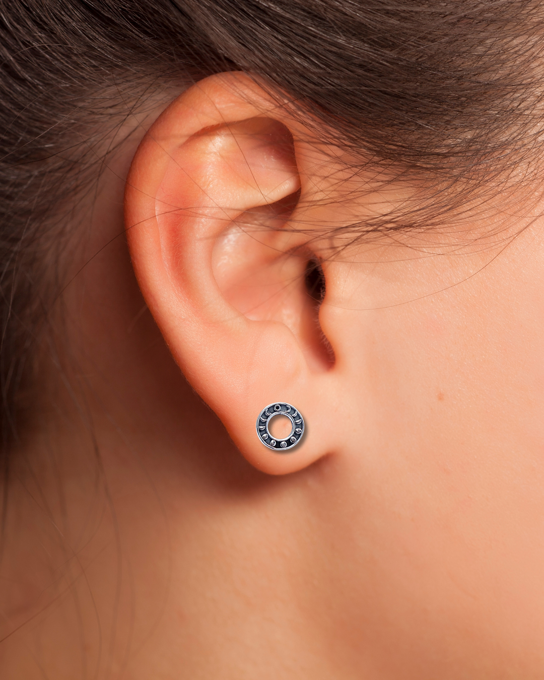 Moon Phase Sterling Silver Earring on ear