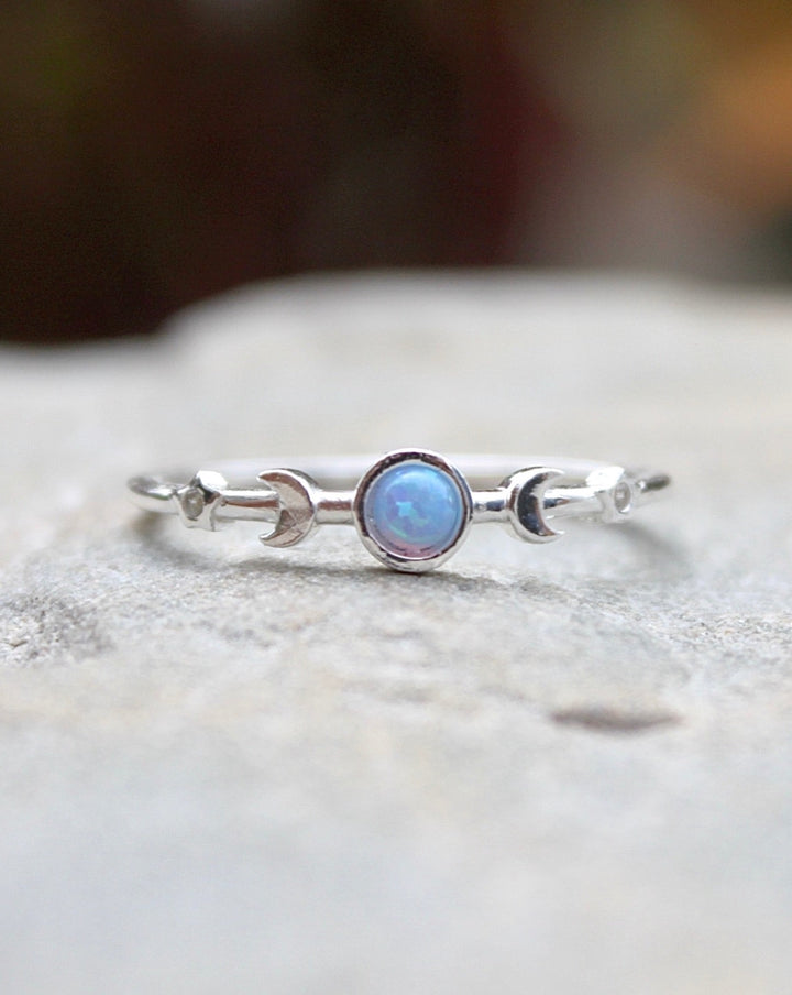 Sterling Silver Moon and Stars Blue Lab Opal Ring