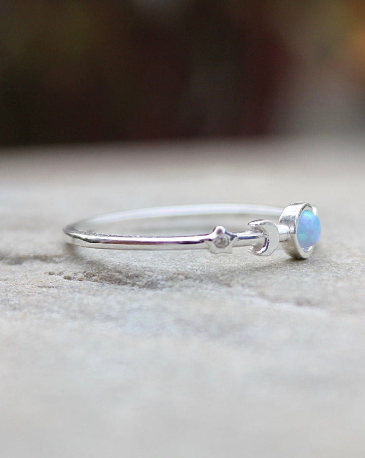 Sterling Silver Moon and Stars Blue Lab Opal Ring