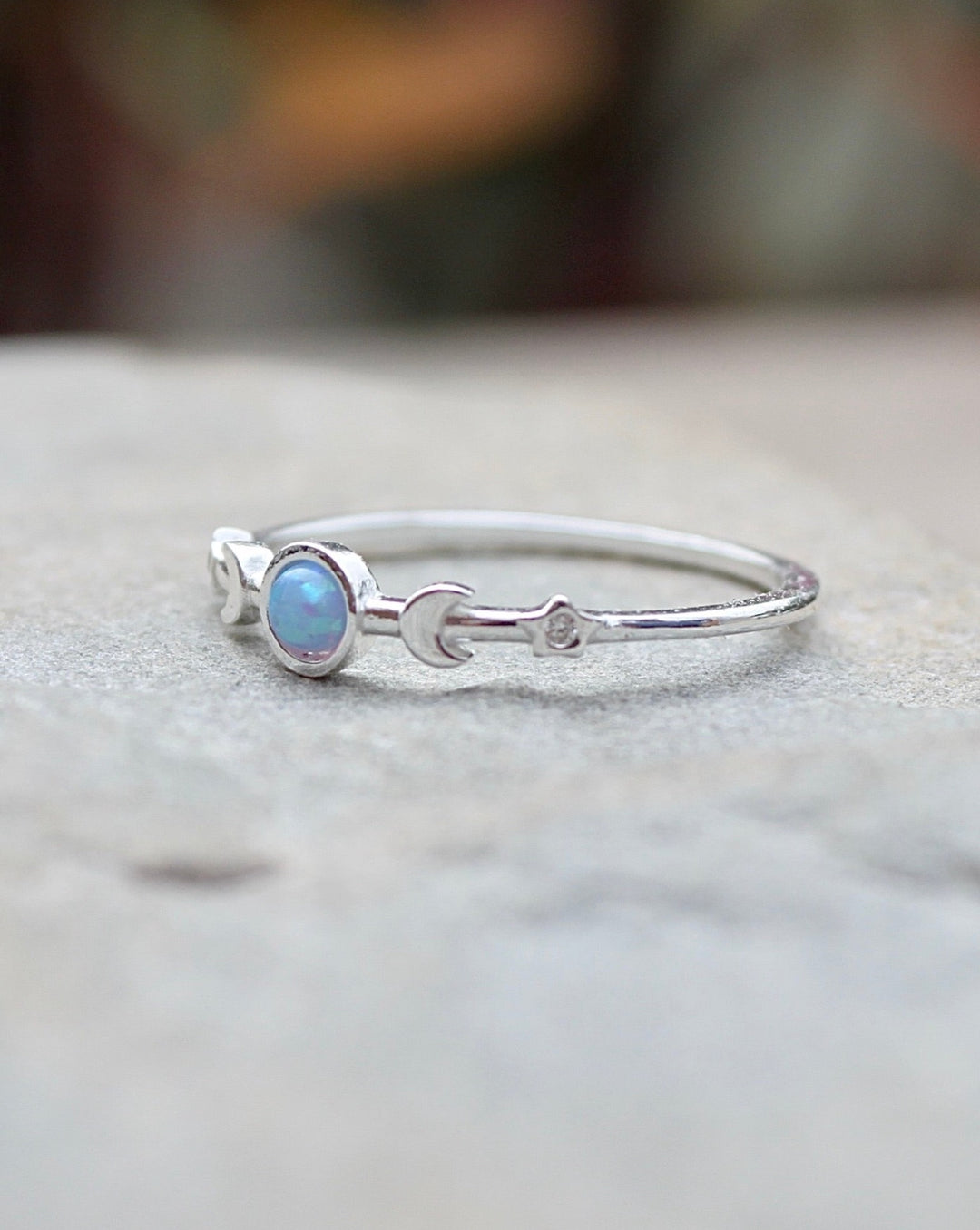 Sterling Silver Moon and Stars Blue Lab Opal Ring