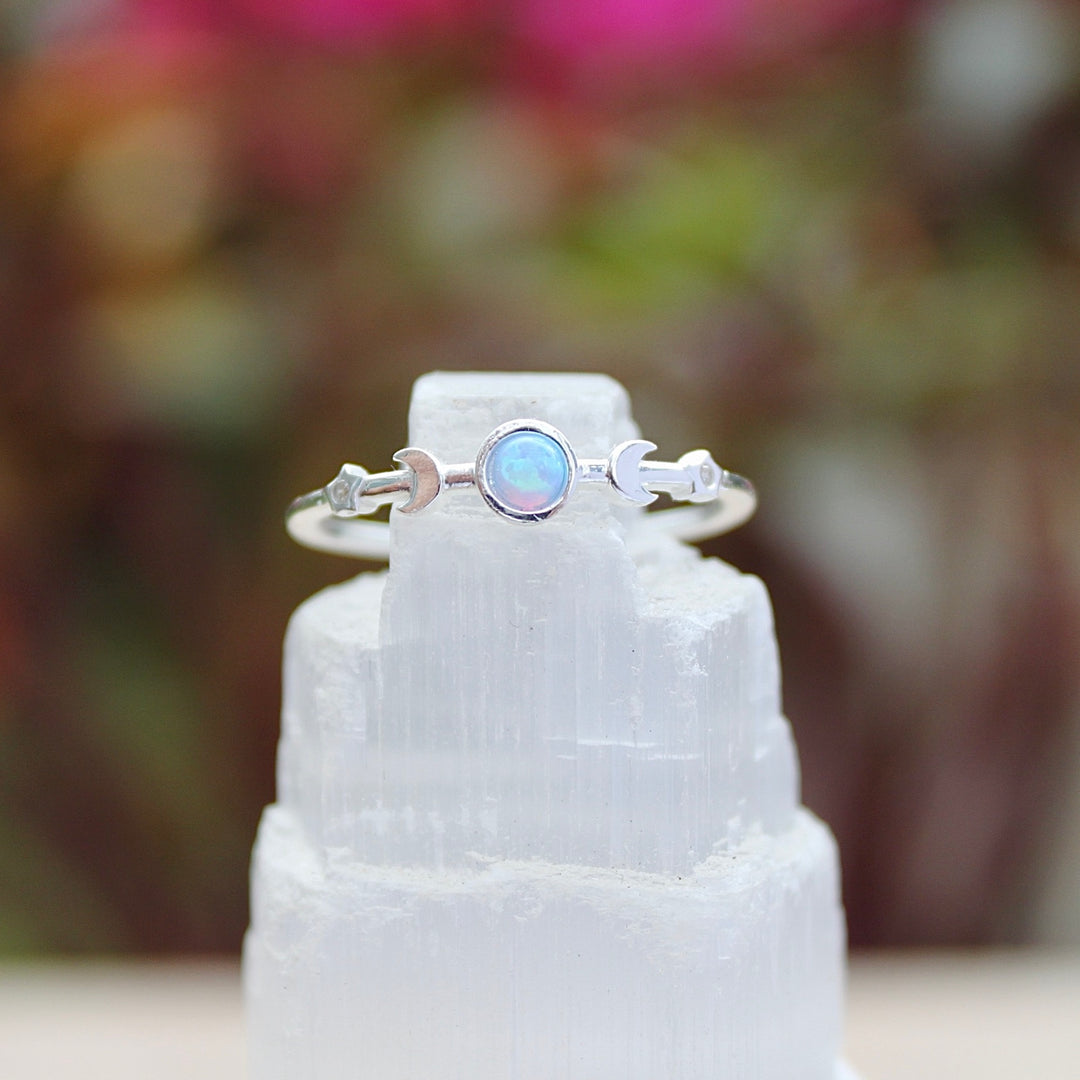 Sterling Silver Moon and Stars Blue Lab Opal Ring