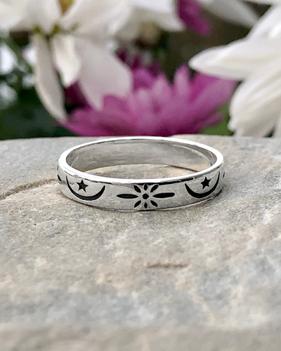 Sterling Silver Moon and Stars Primitive Design Ring