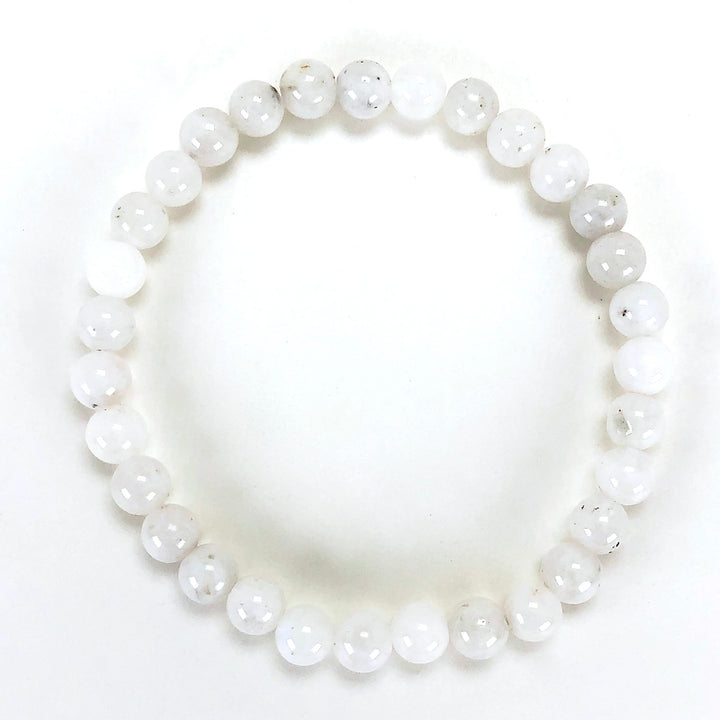 Moonstone 6mm Beaded Gemstone Bracelet on a white background.