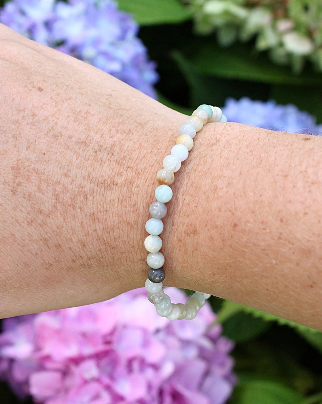 Multi Amazonite 4mm Beaded Gemstone Bracelet on a wrist.