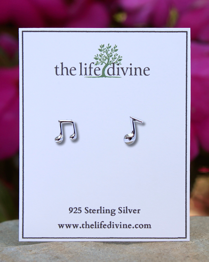 Music Notes Silver Earrings on a Card.