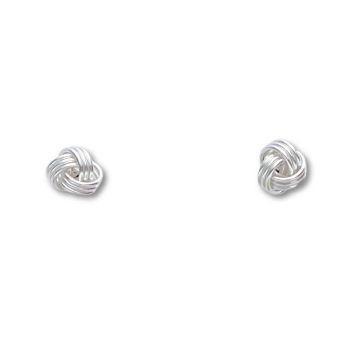 Tiny Nautical Knot Silver Earrings on a white background.