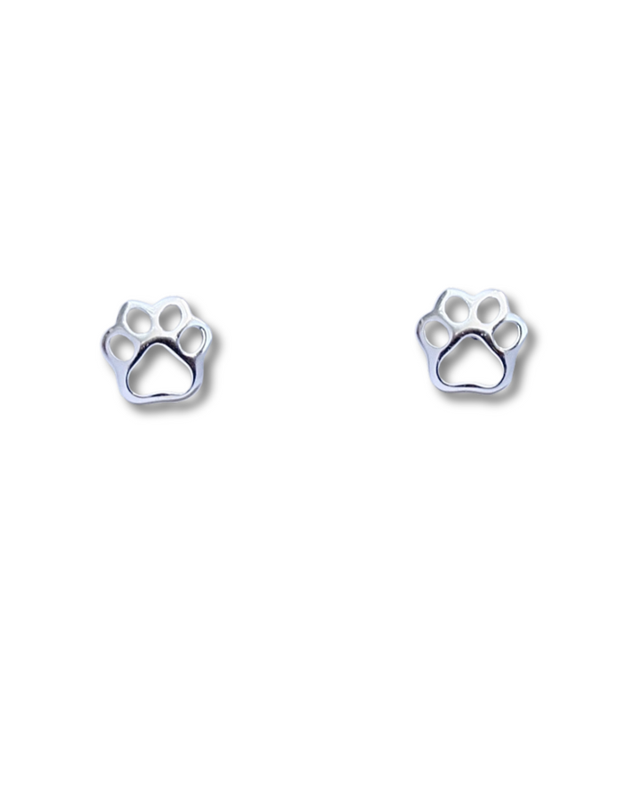 Paw Print Cutout Silver Earrings on a white background.