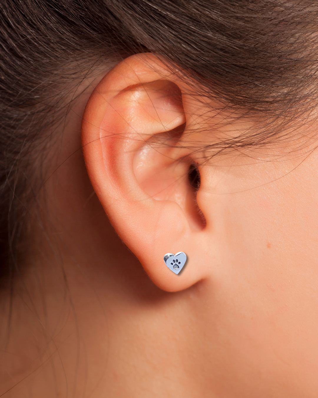 Paw Print With Heart silver Earring on an ar.