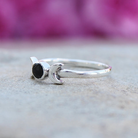 Sterling Silver Black Agate Moon Ring