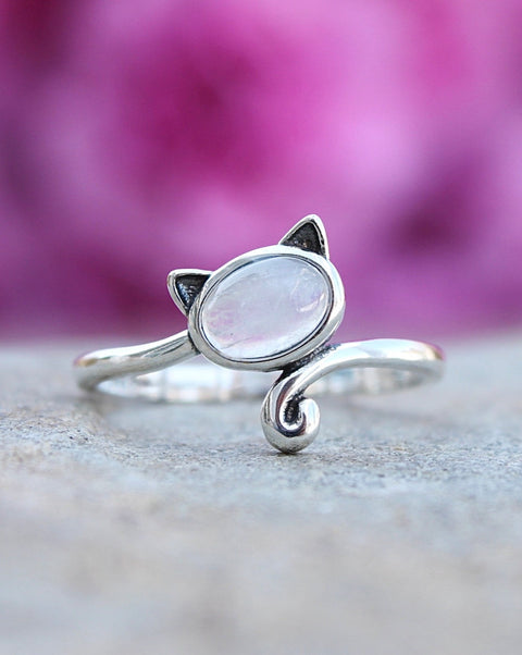 Sterling Silver 925 Cat Ring with Genuine moonstone 