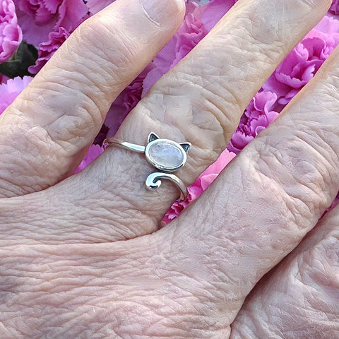 Silver Cat Ring with moonstone on a finger