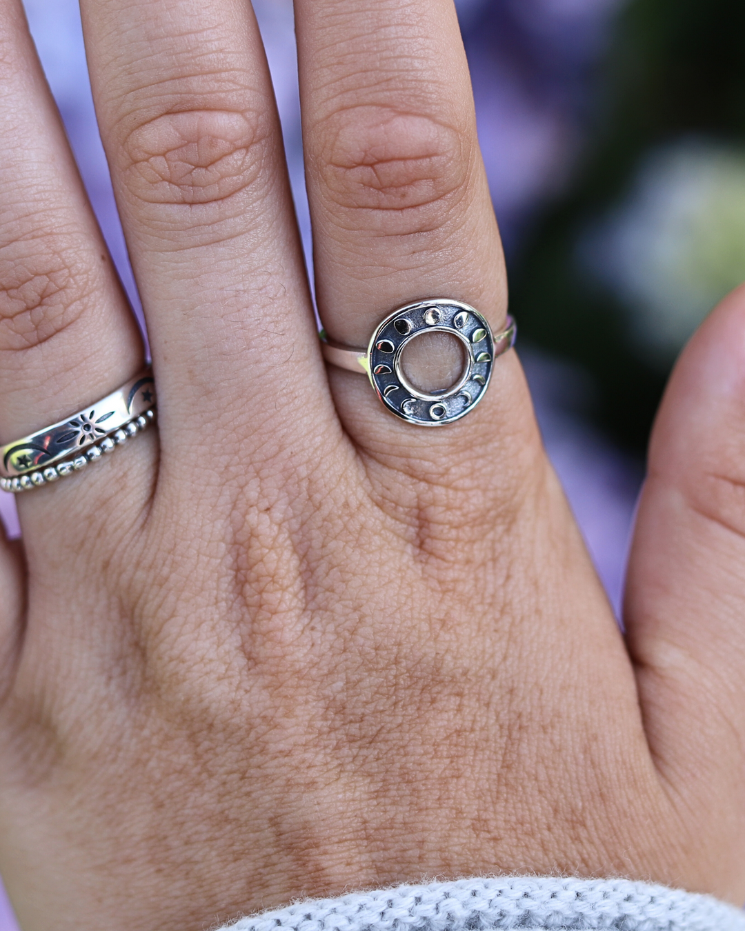 Moon Phases Circle Design Sterling Silver Ring