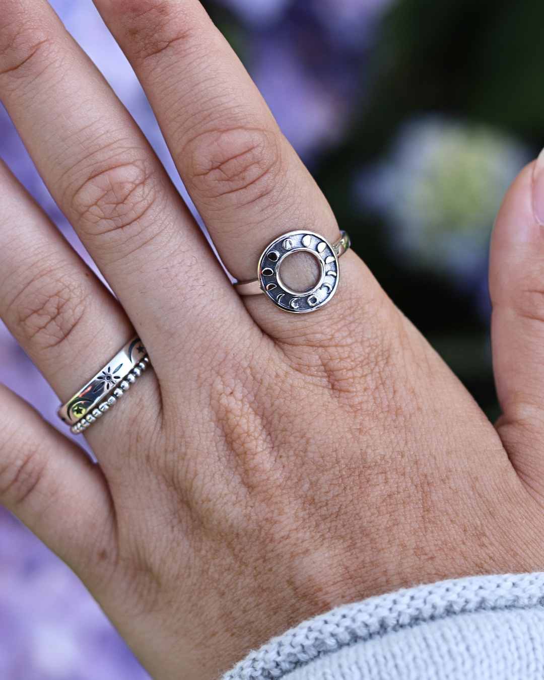 Moon Phases Circle Design Sterling Silver Ring