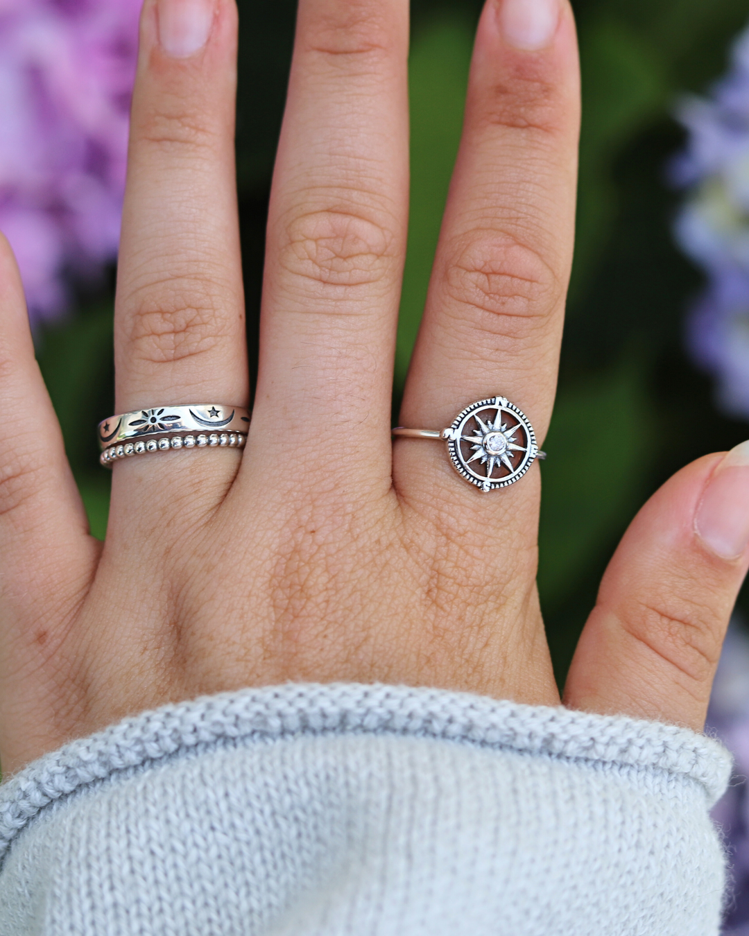 Sterling Silver Compass Ring with CZ