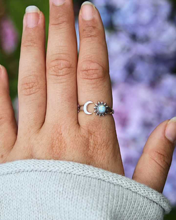 Sterling Silver Sun and Moon White Lab Opal Ring