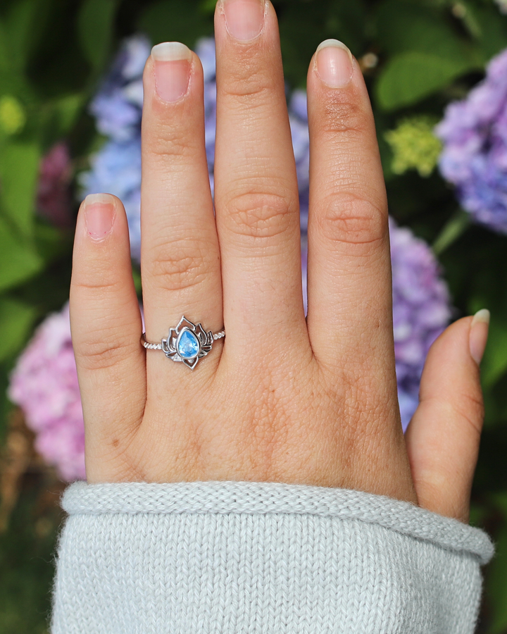 Silver Lotus Flower Ring with Blue Topaz