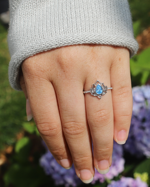 Silver Lotus Flower Ring with Blue Topaz