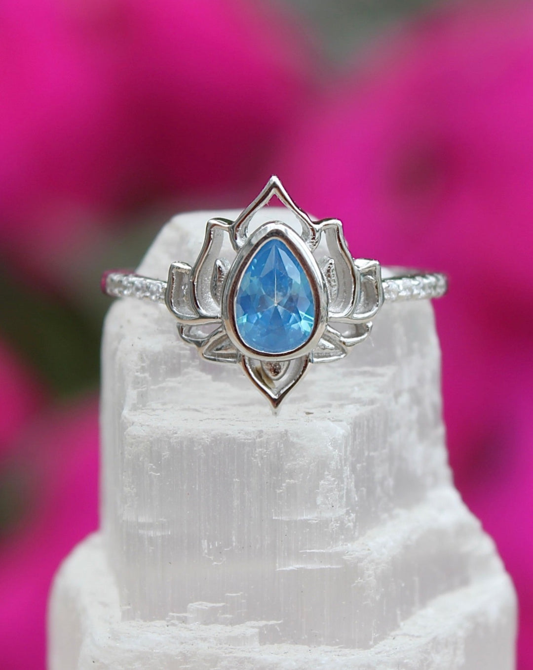 Silver Lotus Flower Ring with Blue Topaz