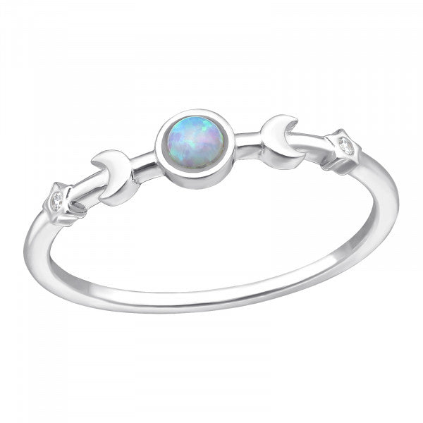 Sterling Silver Moon and Stars Blue Lab Opal Ring