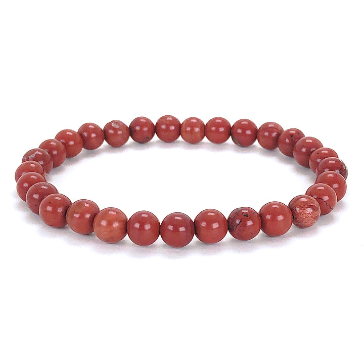 Red Jasper 6mm Beaded Gemstone Bracelet on a white background.