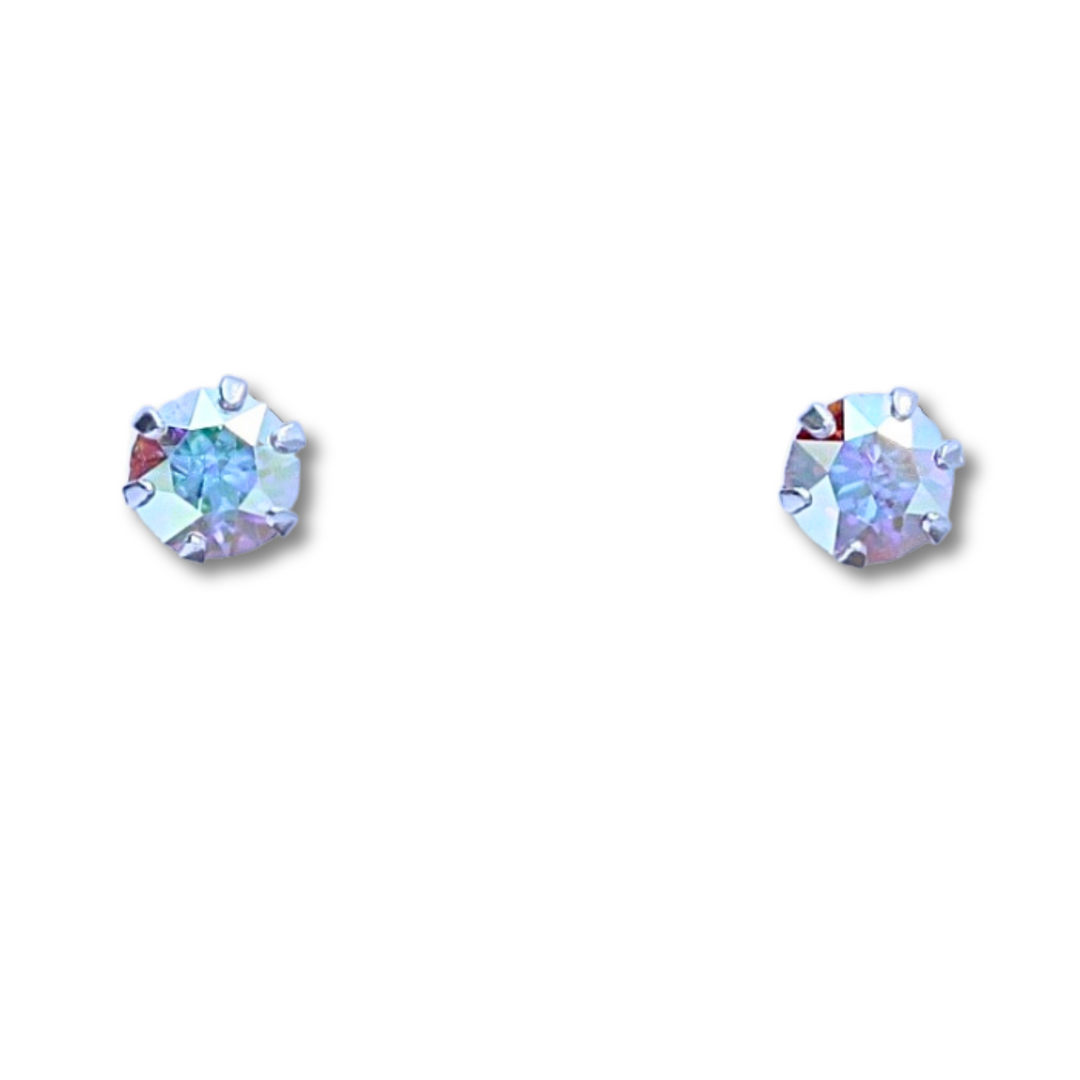 Round AB Topaz CZ Silver Earrings on a background.