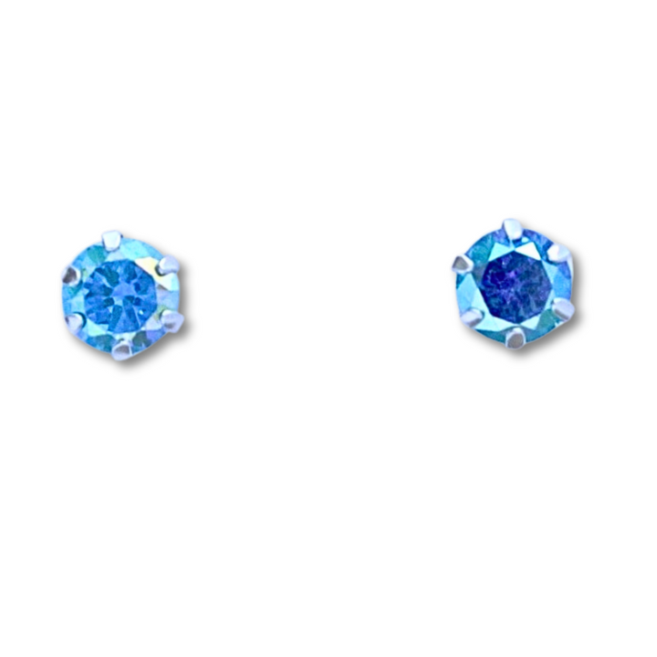 Round Aqua AB CZ Silver Earrings on a white background.