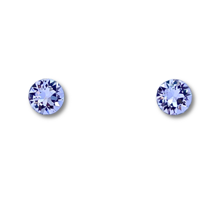 Round Lilac CZ Sterling Silver Earrings on a white back ground.