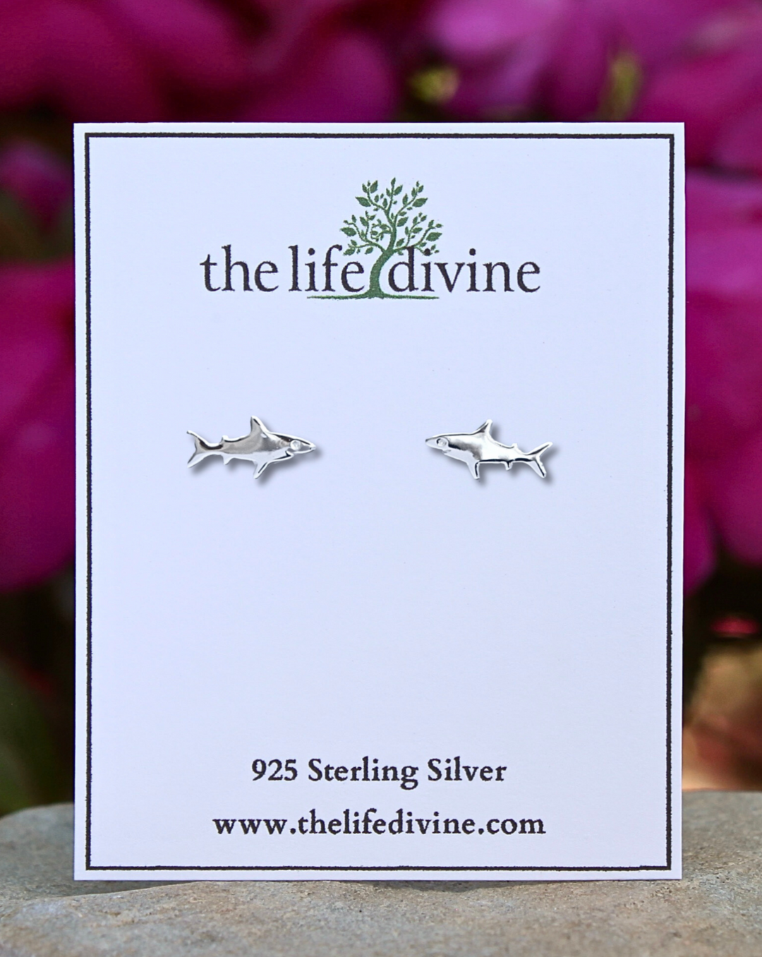 Shark Sterling Silver Earrings on a card.