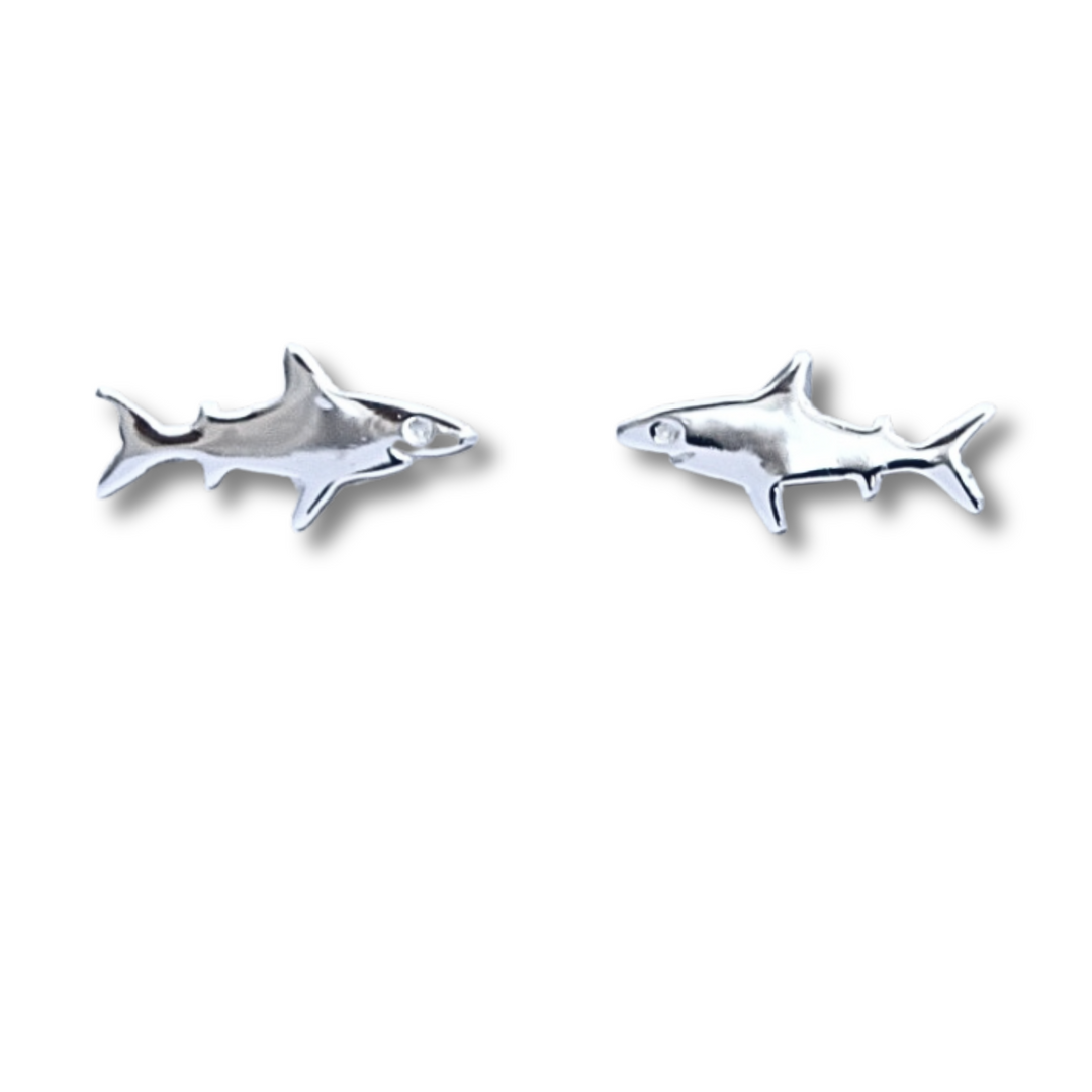 Shark Sterling Silver Earrings a white background.