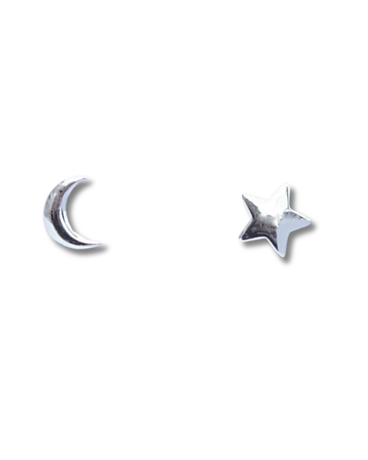 Silver Crescent Moon and Star Stud Earrings 