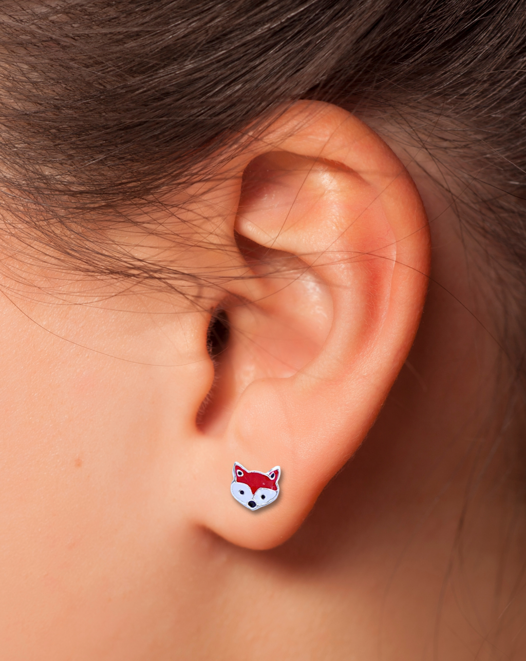 Sterling Silver Fox Stud Earrings on ear