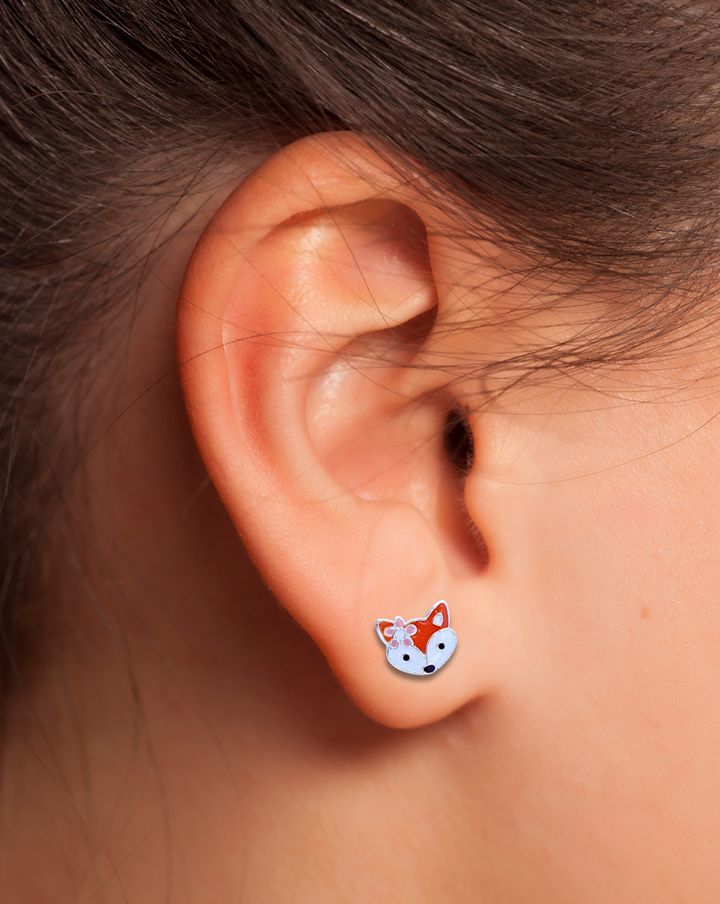 Sterling Silver Fox with Flower Stud Earrings on ear