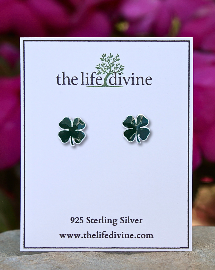 Sterling Silver Green Four Leaf Clover Earrings on card