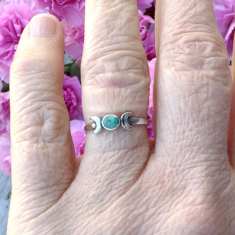 Sterling Silver Turquoise Moon Ring on a Finger