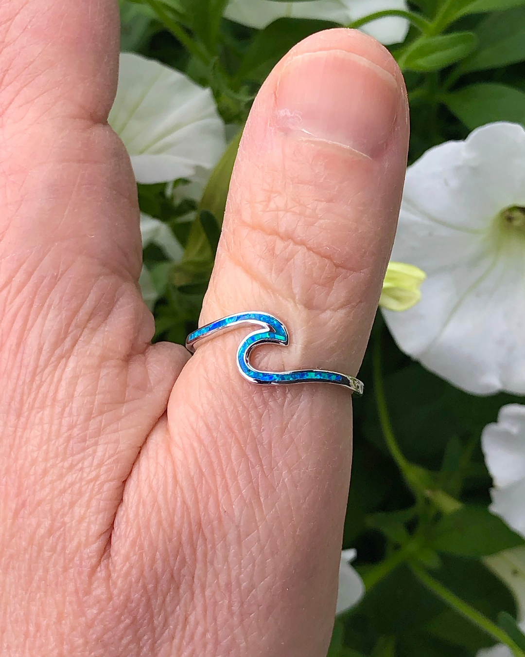 Silver Wave Ring with Blue Lab Opal with white flowers