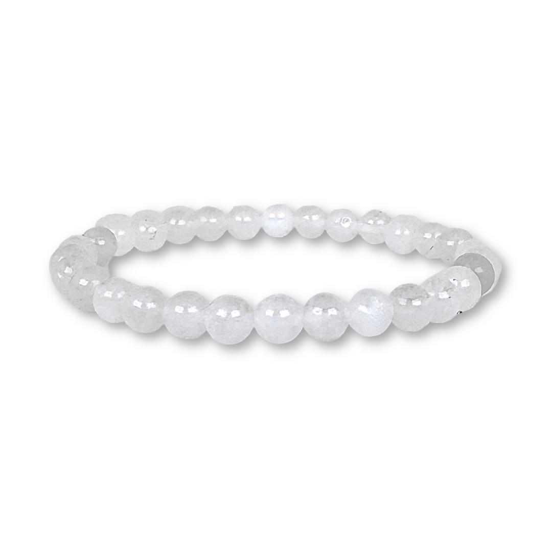 Snow Quartz 6mm Beaded Gemstone Bracelet on a white background.