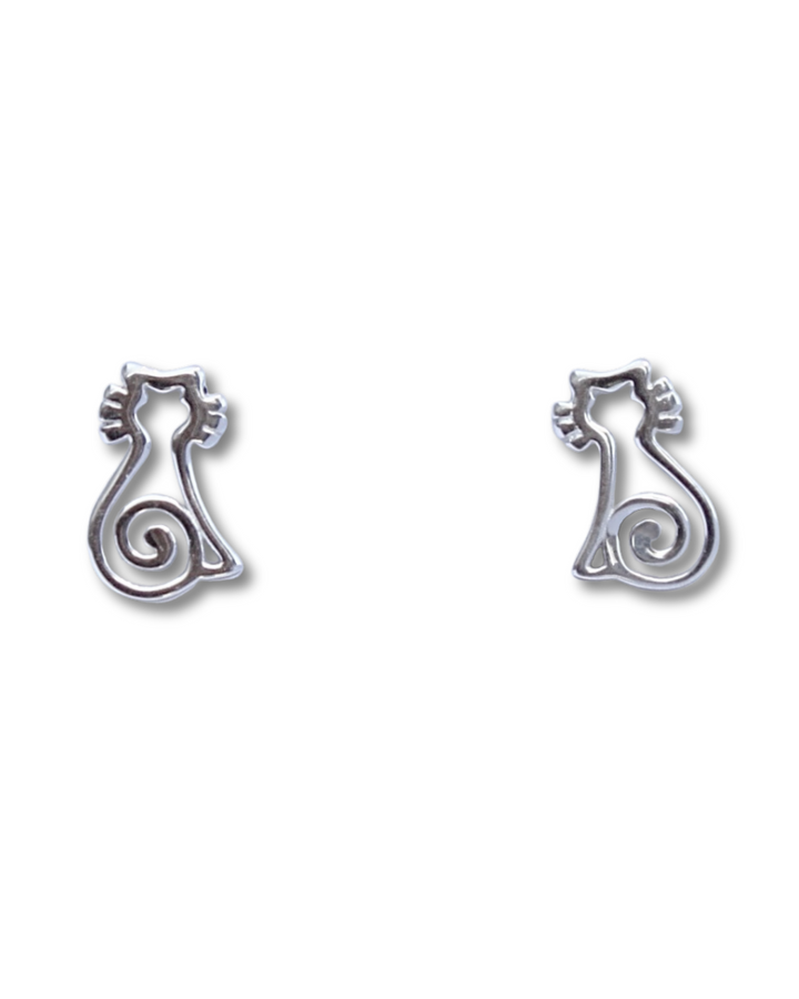 Sterling Silver Cat With Whiskers Stud Earrings 