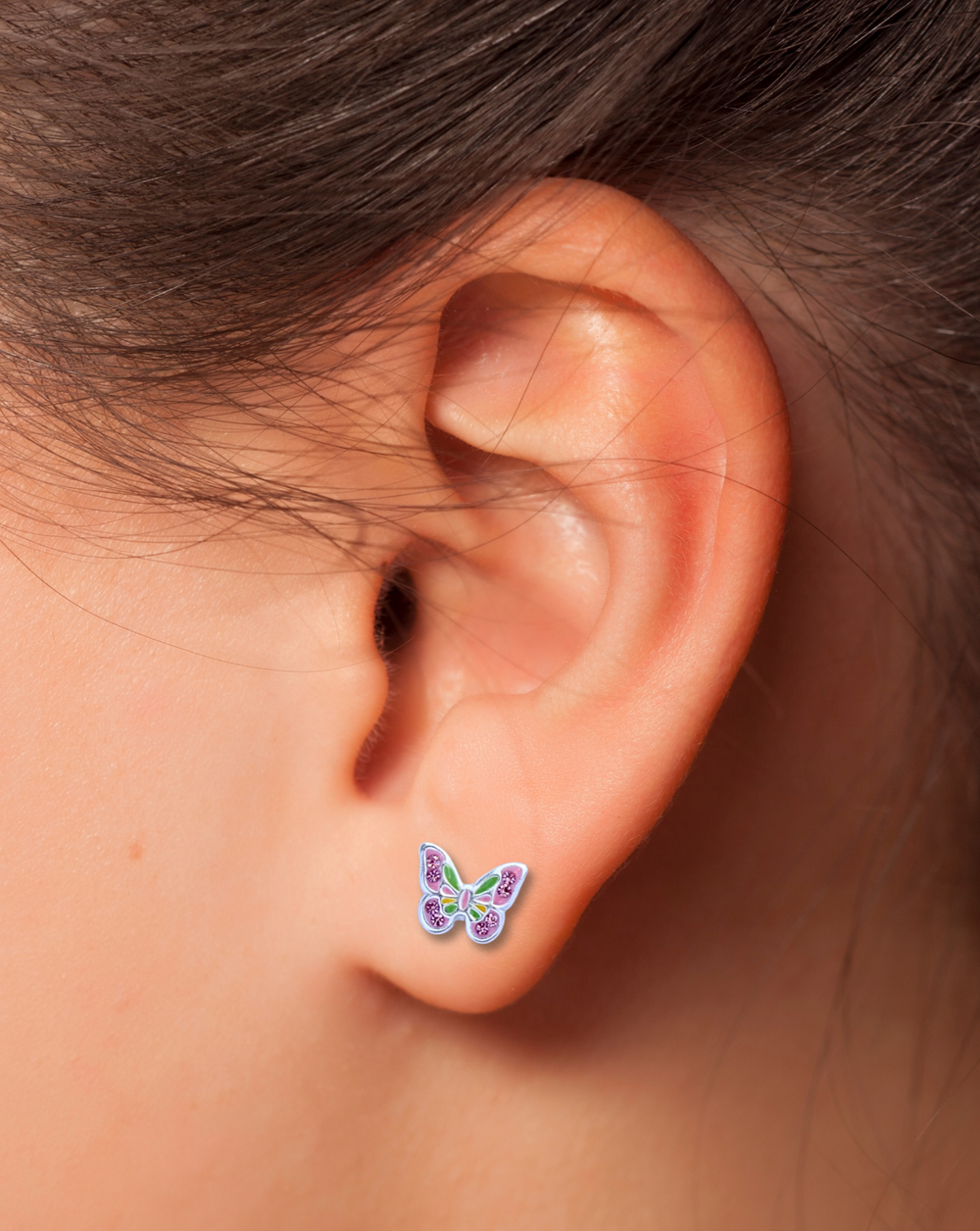 Sterling Silver Colorful Butterfly Stud Earrings on ear