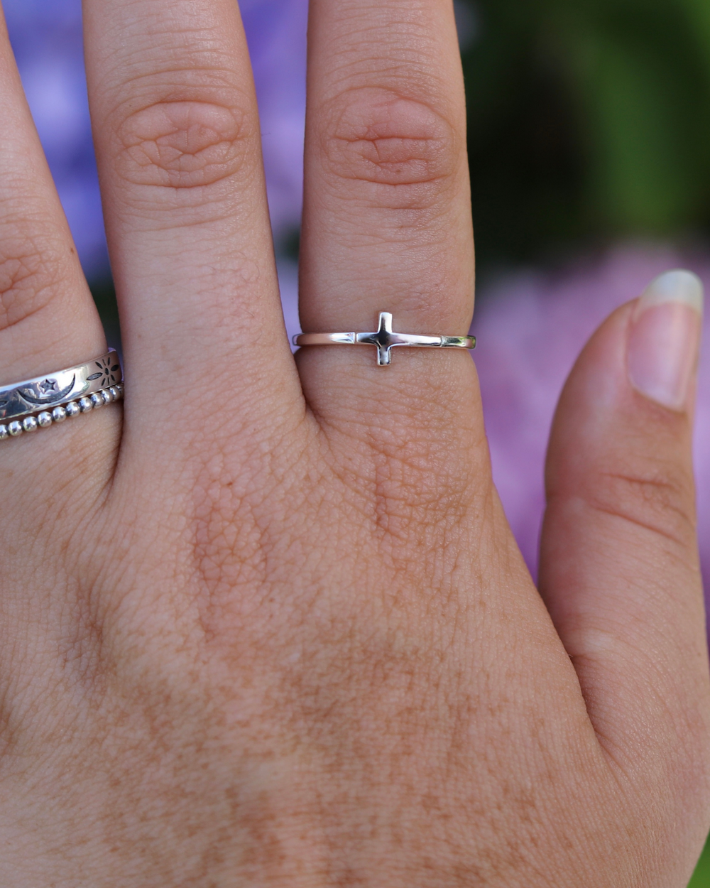 Sterling Silver Cross Ring on finger