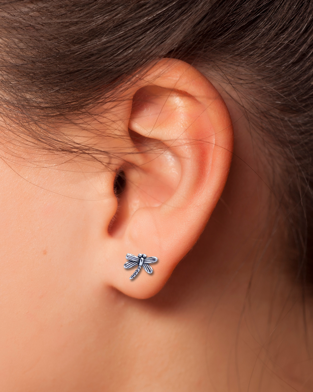 Sterling Silver Dragonfly Stud Earrings on ear