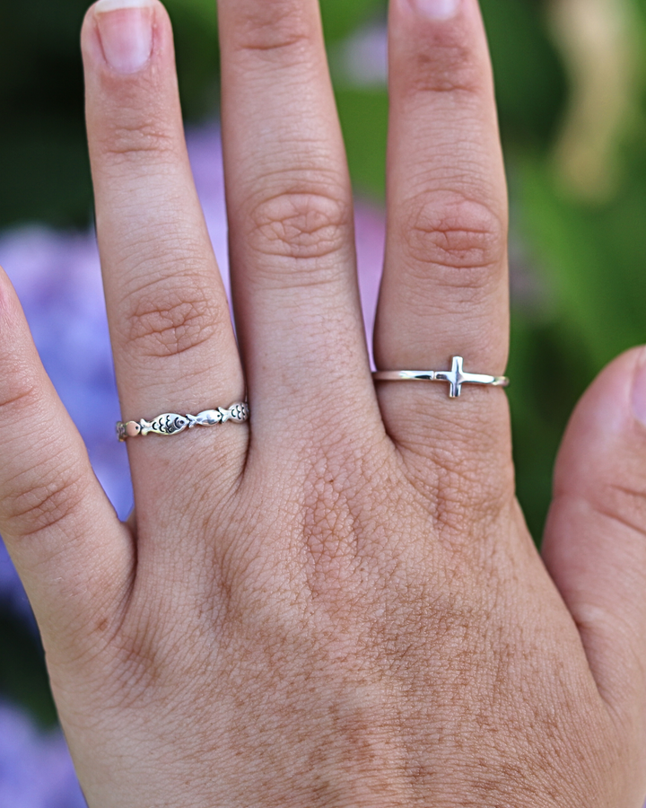 Sterling Silver Fish Ring on hand with cross ring