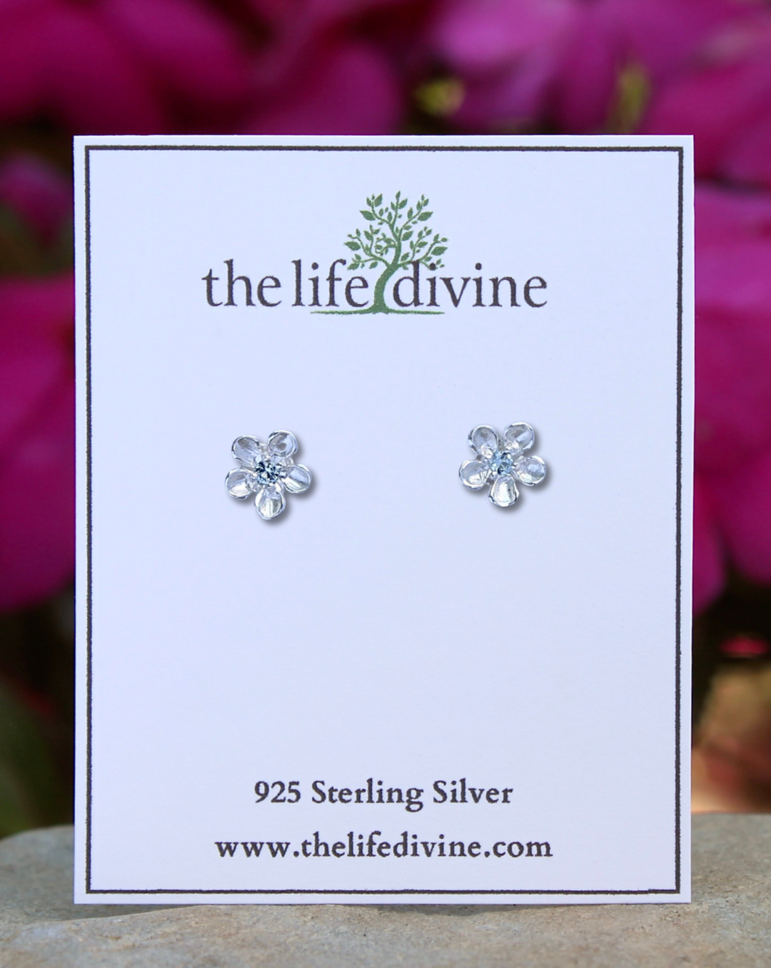 Sterling Silver Flower With CZ Stud Earrings on card