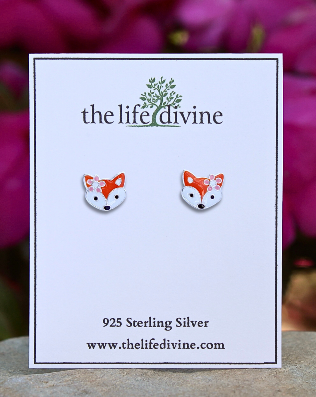 Sterling Silver Fox with Flower Stud Earrings on card