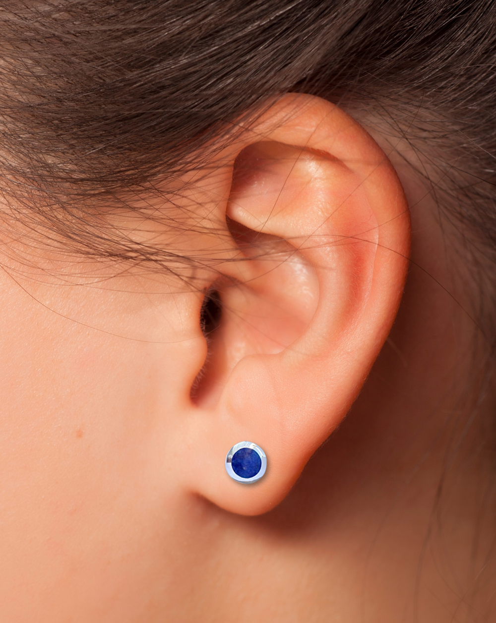 Sterling Silver Lapis Round Stud Earrings on ear