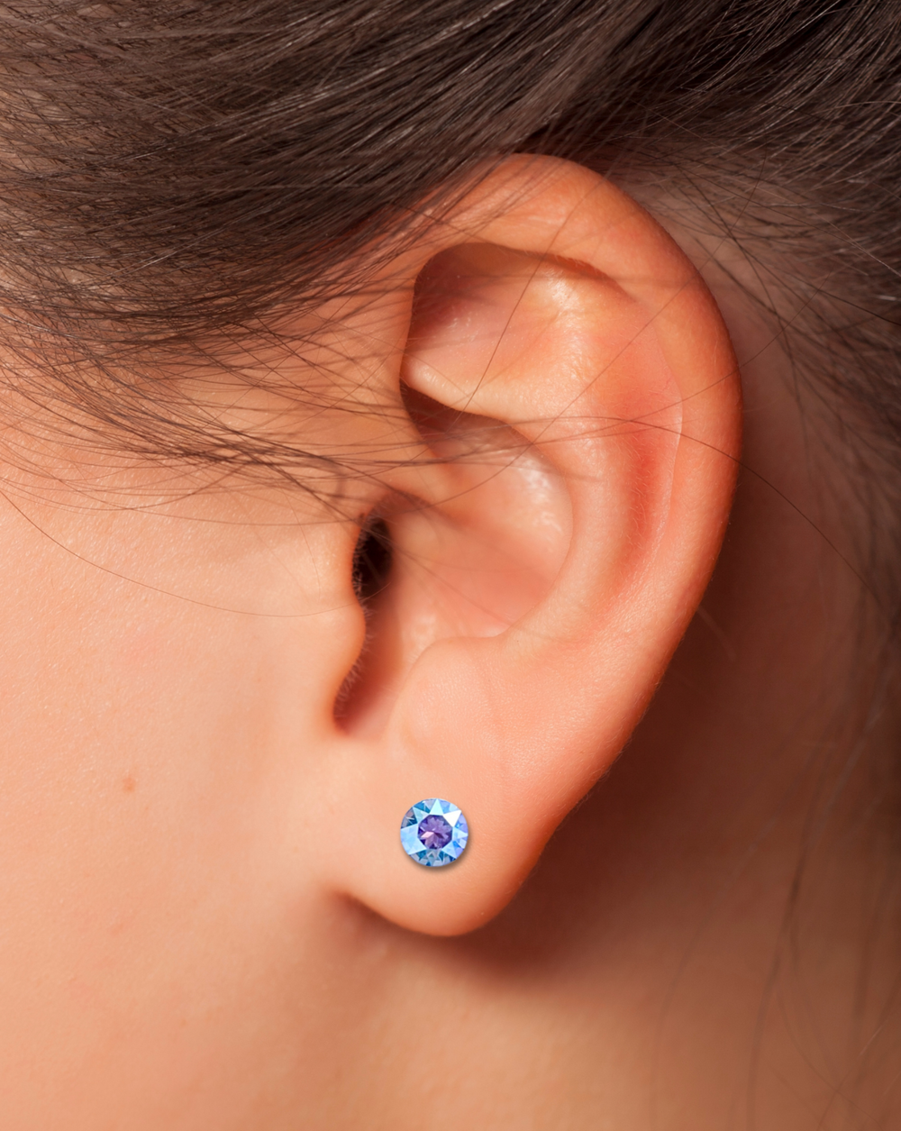 Sterling Silver Light Sapphire AB CZ Stud Earring on ear