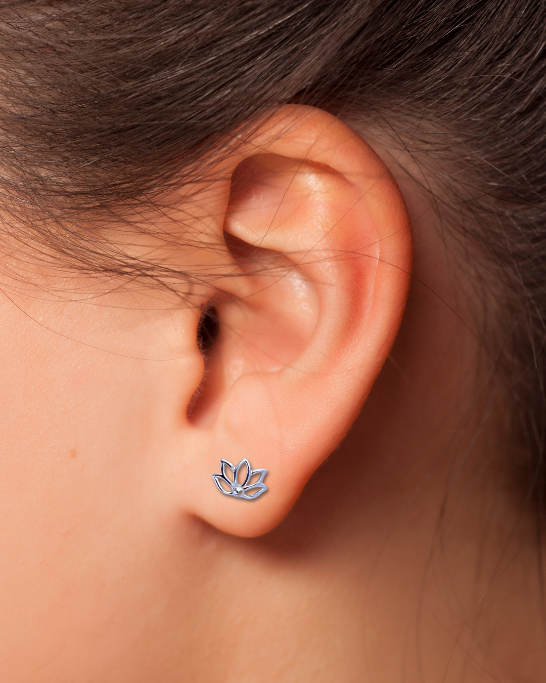 Sterling Silver Lotus Flower Stud Earring on ear
