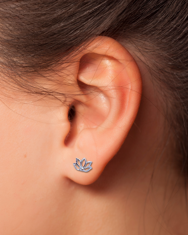 Sterling Silver Lotus Flower Stud Earring on ear