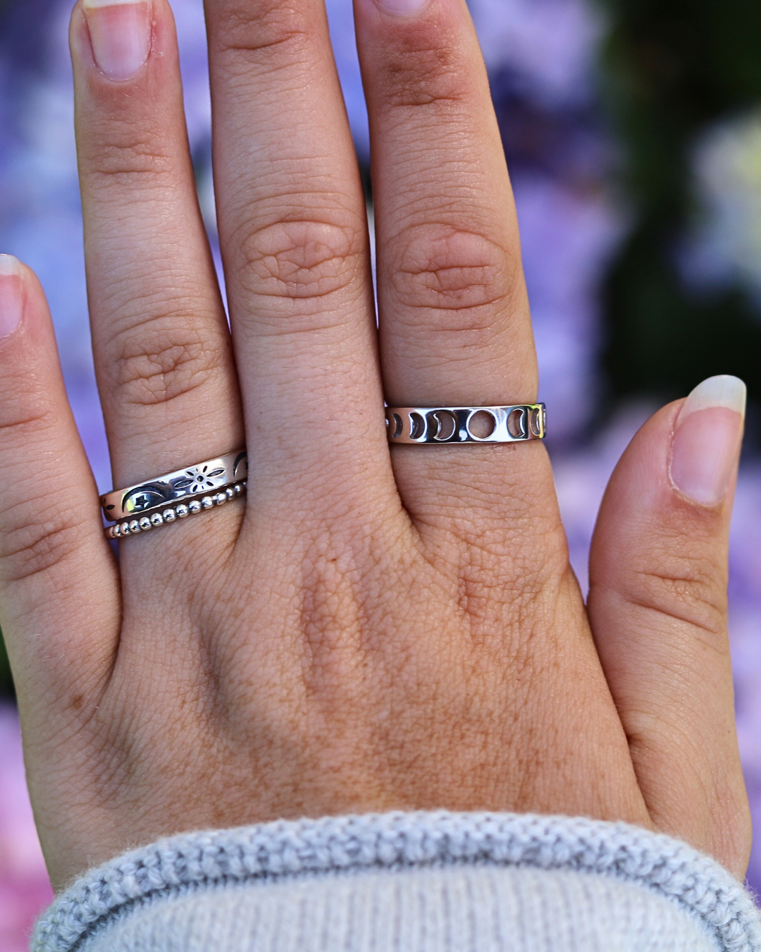 Sterling Silver Moon Phases Cut Out Ring on finger