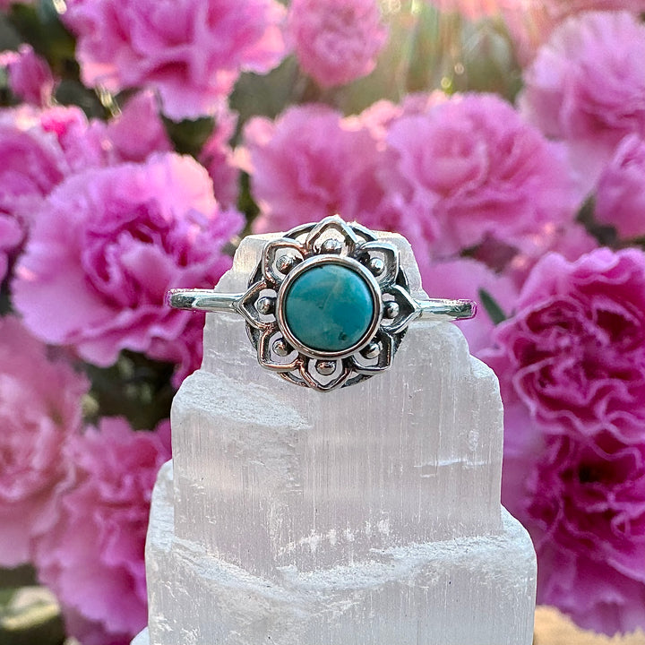 Sterling Silver Turquoise Lotus Flower Ring on selenite stone