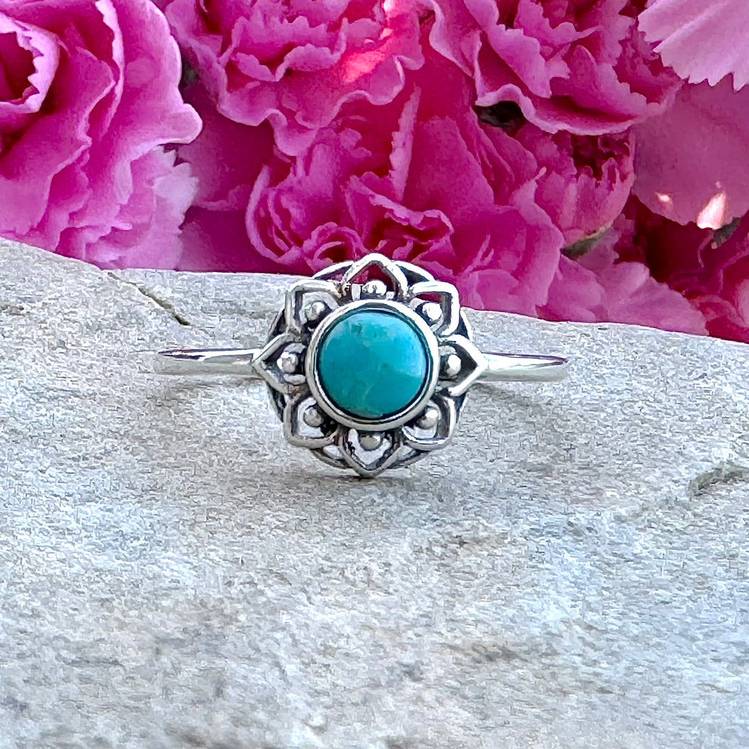 Sterling Silver Turquoise Lotus Flower Ring  on stone